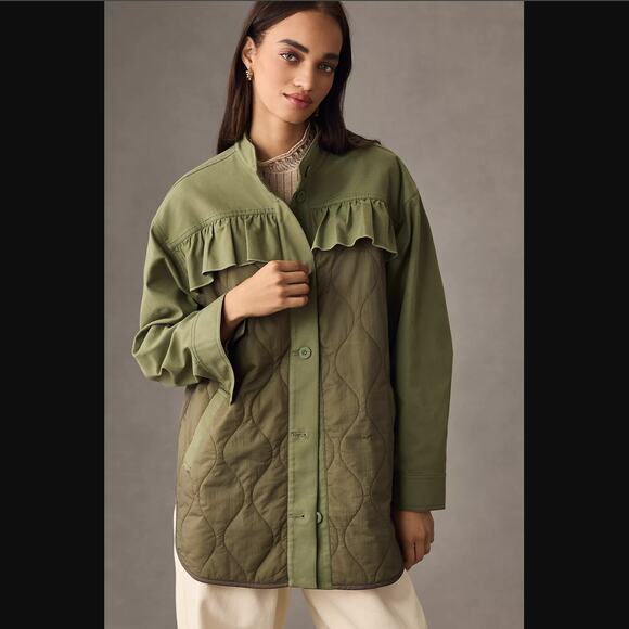 NWT Anthropologie Green Quilted Ruffled Shacket - Small - Picture 1 of 6